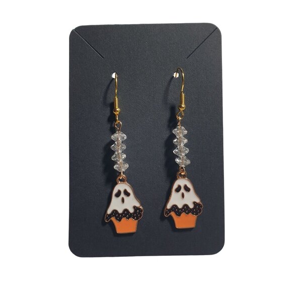 Halloween Ghost Earrings Handmade By Donovan 2.5" Dangle Design Crystal Accents - Picture 3 of 5